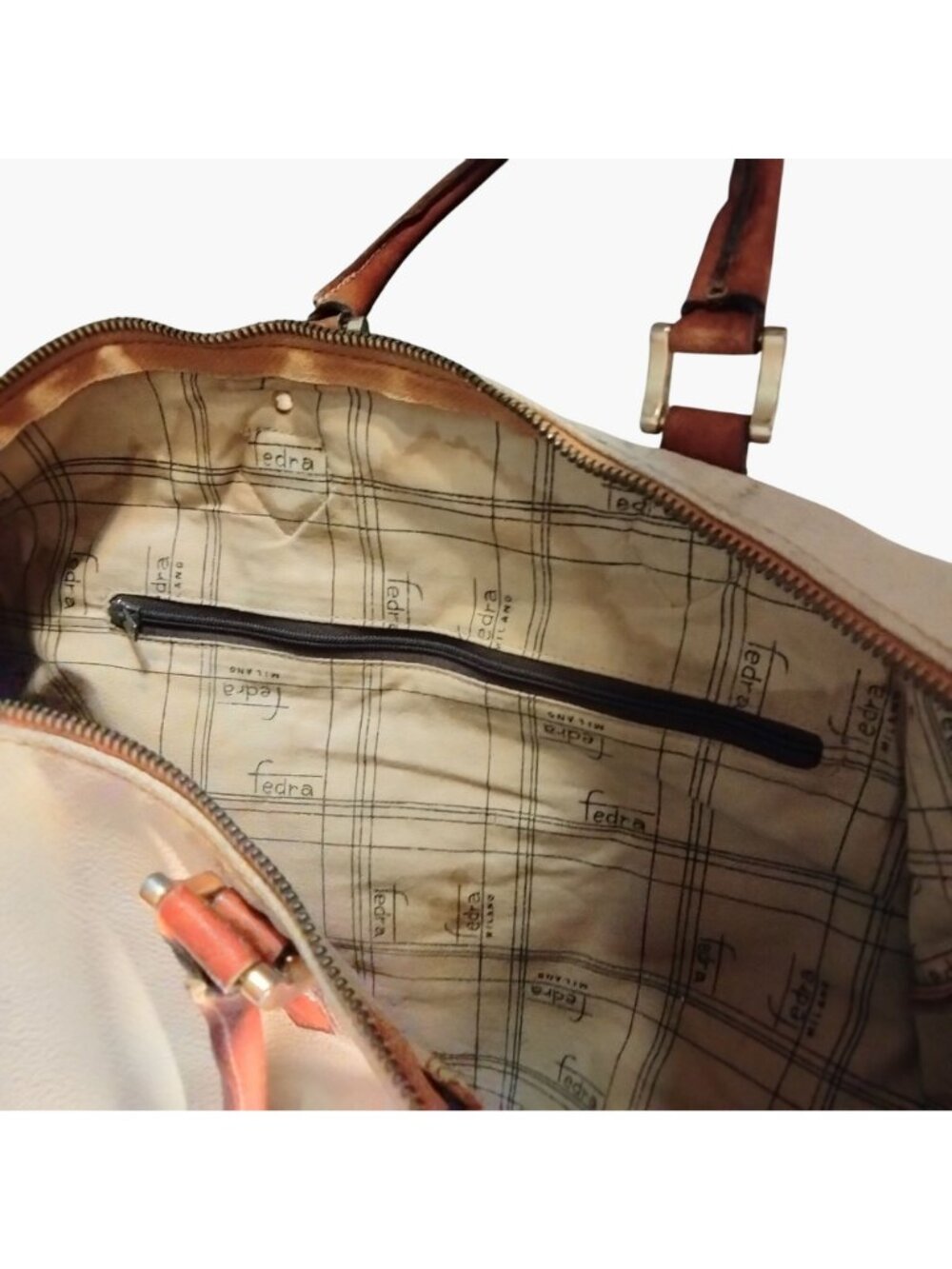 Fedra Milano Beige Leather Tote Bag Brown Handles Italy 1970s Vintage Shabby Dis - Picture 14 of 16